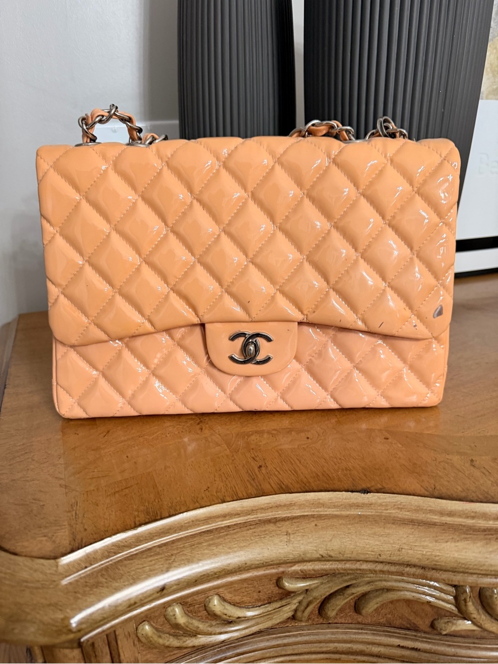 Peach Patent Quilted Shoulder Bag. Double flap